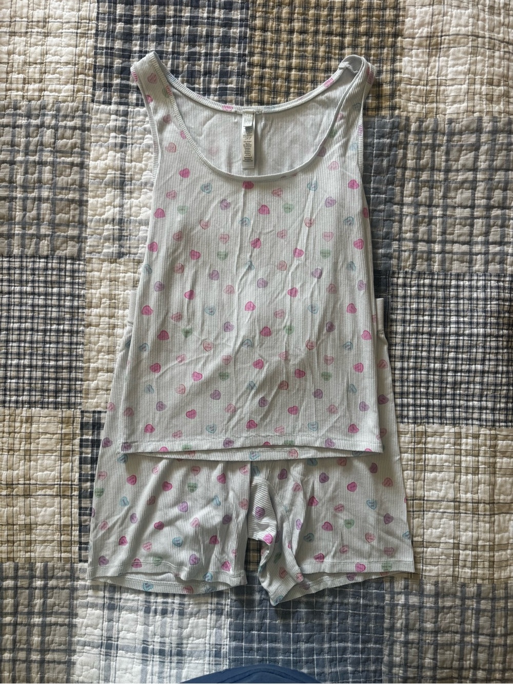 SKIMS Cream Tank & Short Sleep Set with Pink and Mint Hearts